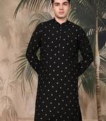 Black silk blend sequins kurta for men
