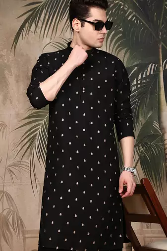 Black silk blend sequins kurta for men