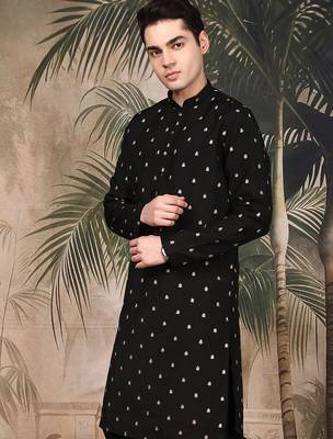 Black silk blend sequins kurta for men 3