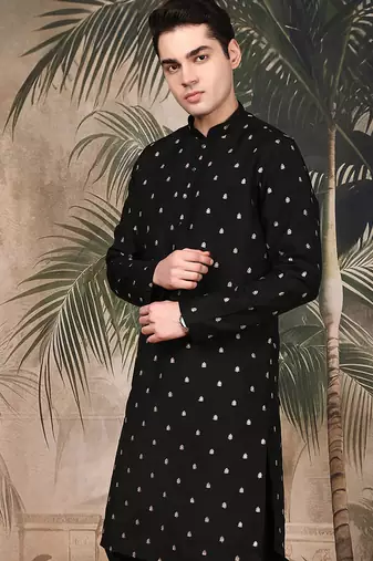 Black silk blend sequins kurta for men