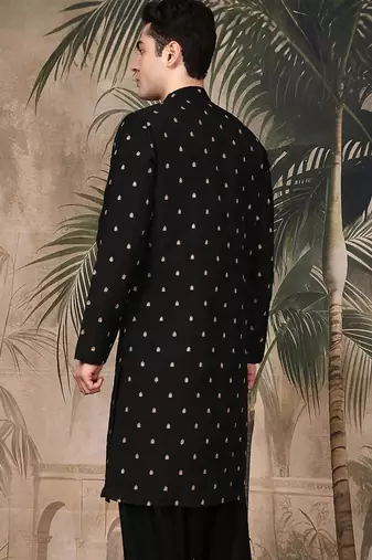 Black silk blend sequins kurta for men