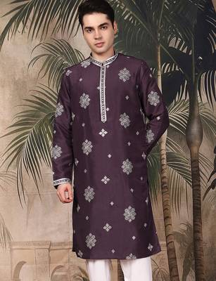 Purple silk blend solid kurta for men 1