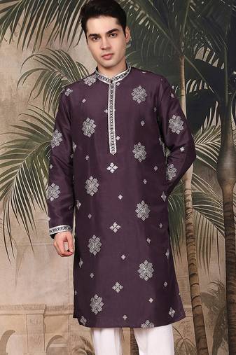 Purple silk blend solid kurta for men