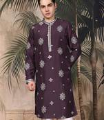 Purple silk blend solid kurta for men