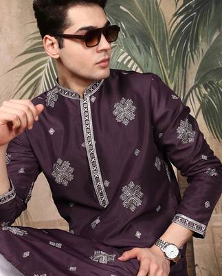 Purple silk blend solid kurta for men 2