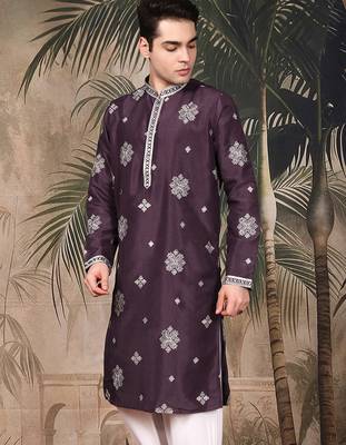 Purple silk blend solid kurta for men 3