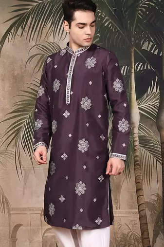 Purple silk blend solid kurta for men