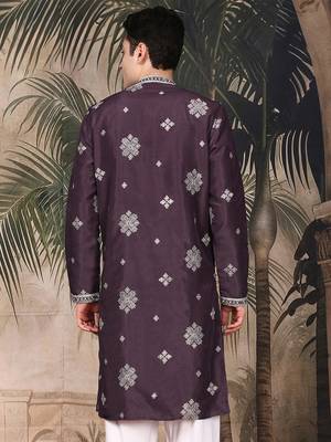 Purple silk blend solid kurta for men 4