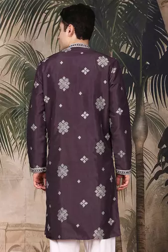 Purple silk blend solid kurta for men