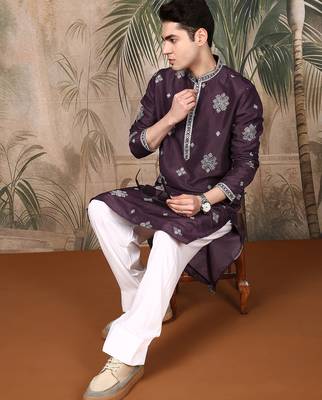Purple silk blend solid kurta for men 5