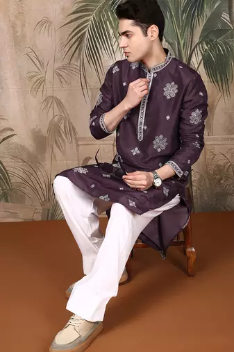 Purple silk blend solid kurta for men