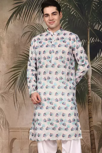 Blue silk blend solid kurta for men