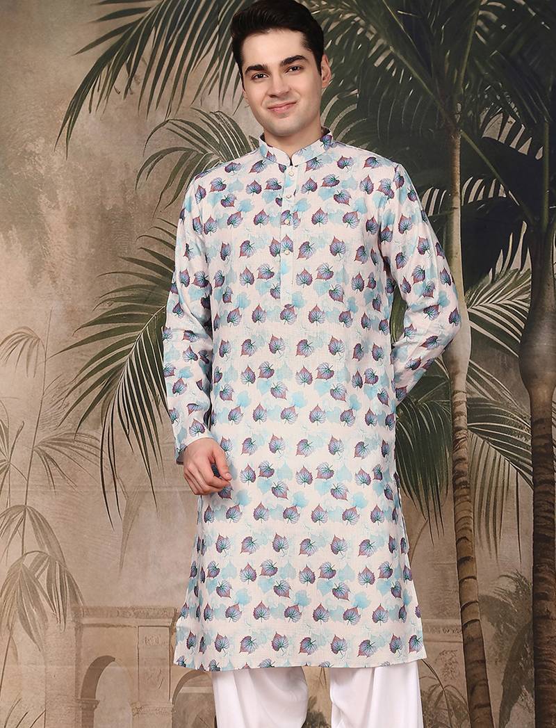 Blue silk blend solid kurta for men