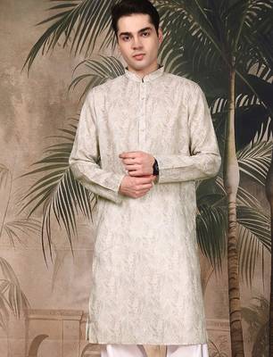 Beige silk blend solid kurta for men 1