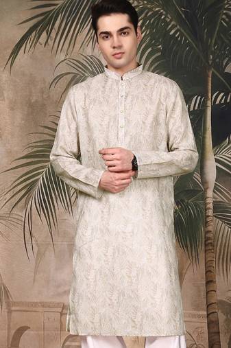 Beige silk blend solid kurta for men