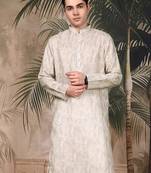 Beige silk blend solid kurta for men