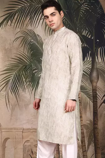 Beige silk blend solid kurta for men