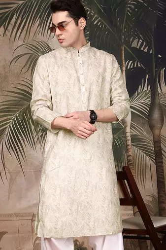 Beige silk blend solid kurta for men
