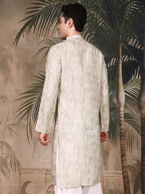 Beige silk blend solid kurta for men 4