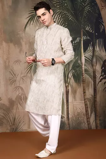 Beige silk blend solid kurta for men