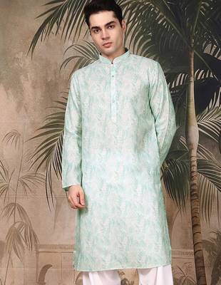 Green silk blend solid kurta for men 1