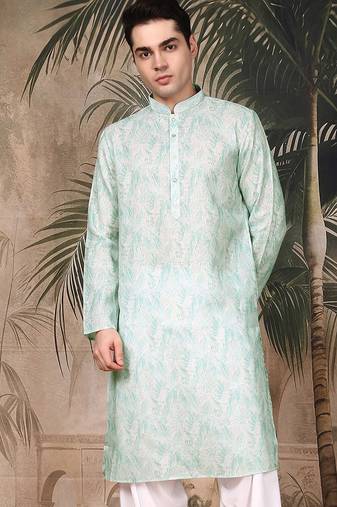 Green silk blend solid kurta for men