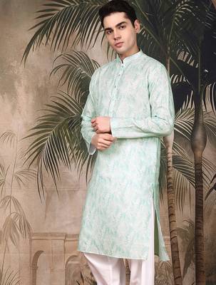 Green silk blend solid kurta for men 2