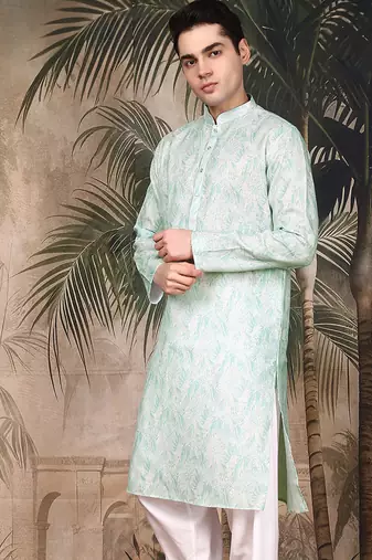 Green silk blend solid kurta for men