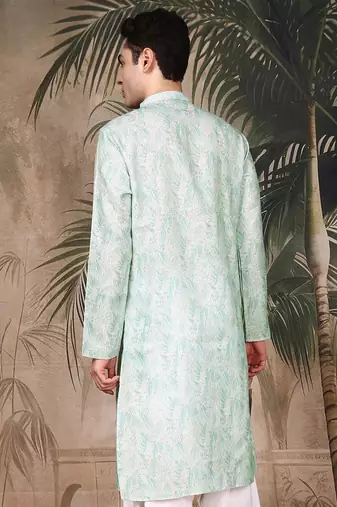 Green silk blend solid kurta for men