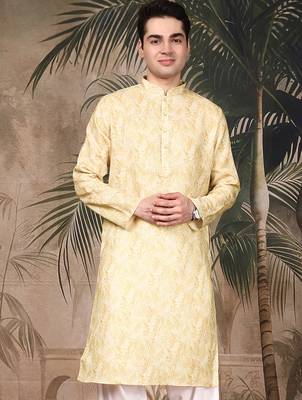 Yellow silk blend solid kurta for men 1