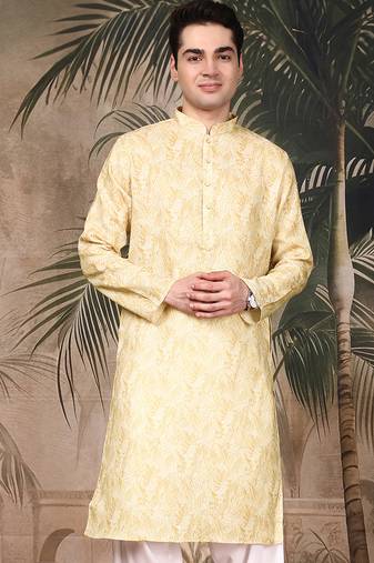 Yellow silk blend solid kurta for men