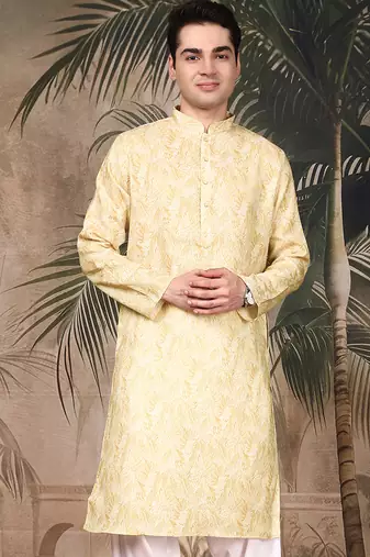 Yellow silk blend solid kurta for men