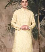 Yellow silk blend solid kurta for men