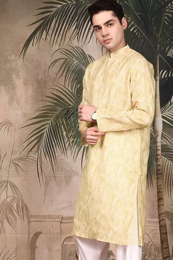 Yellow silk blend solid kurta for men