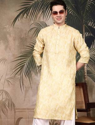Yellow silk blend solid kurta for men 3