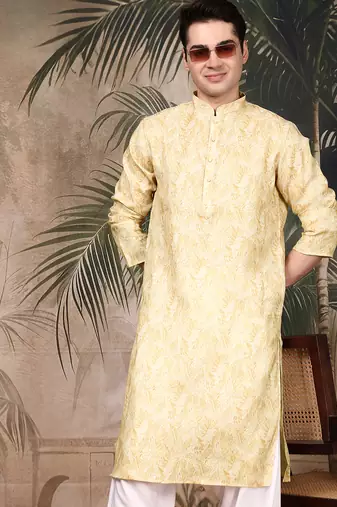 Yellow silk blend solid kurta for men