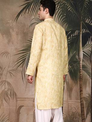 Yellow silk blend solid kurta for men 4