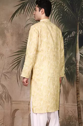 Yellow silk blend solid kurta for men