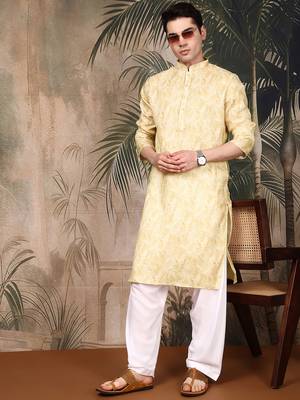 Yellow silk blend solid kurta for men 5