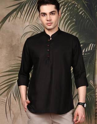 Black silk blend solid Short kurta for men 1