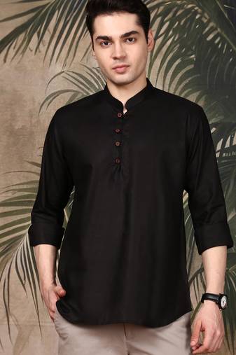 Black silk blend solid Short kurta for men