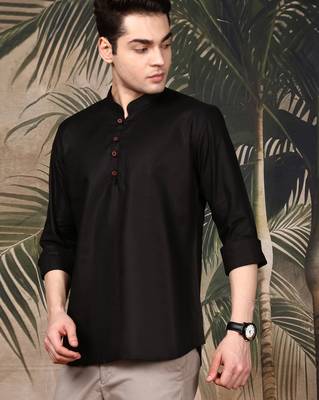 Black silk blend solid Short kurta for men 2