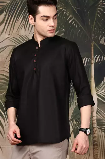 Black silk blend solid Short kurta for men