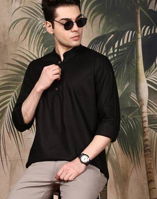 Black silk blend solid Short kurta for men 3