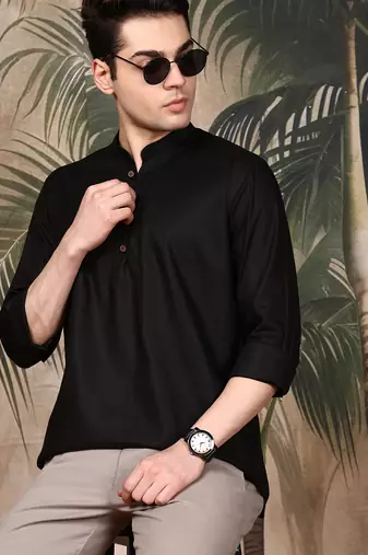 Black silk blend solid Short kurta for men