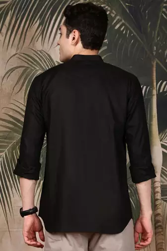 Black silk blend solid Short kurta for men
