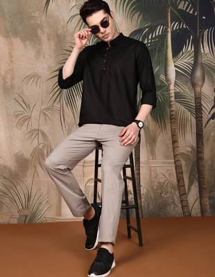 Black silk blend solid Short kurta for men 5