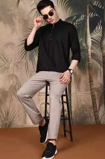 Black silk blend solid Short kurta for men