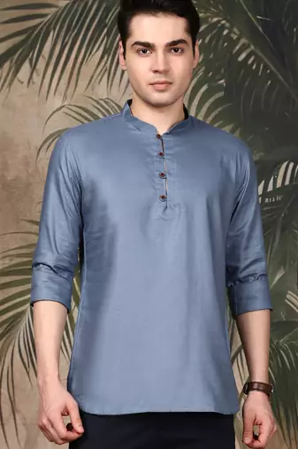 grey silk blend embroidered Short kurta for men