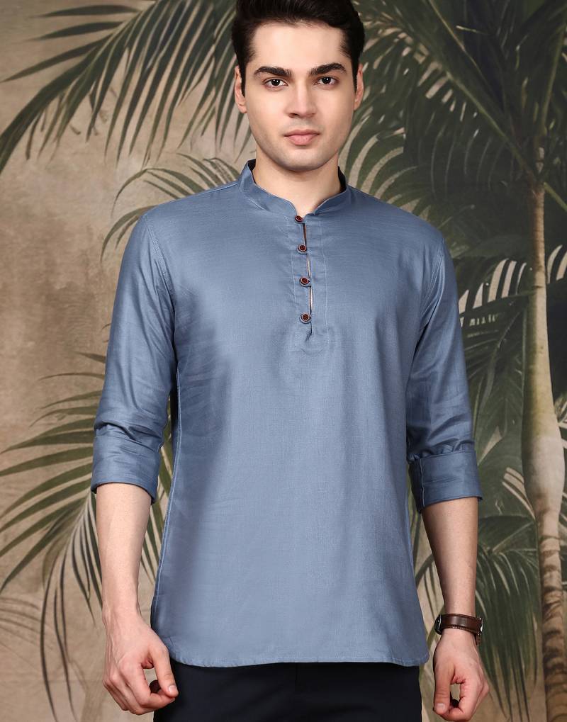grey silk blend embroidered Short kurta for men